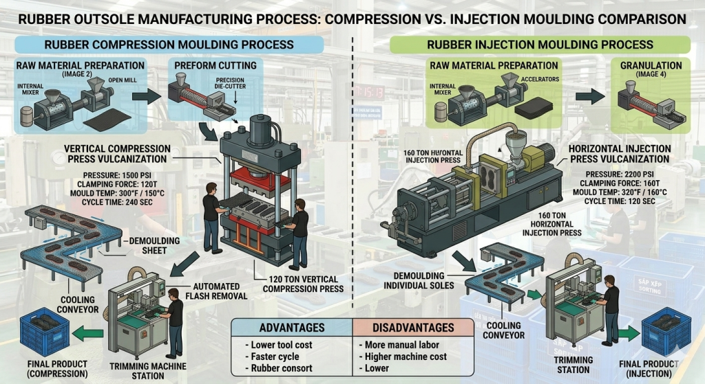 Rubber Outsole Compression Vs Injection Moulding Process