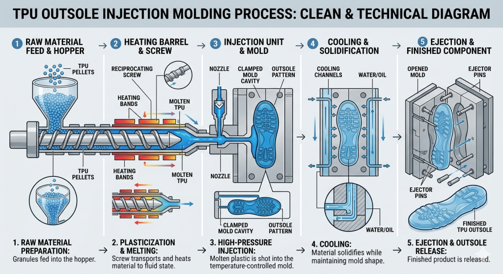 TPU outsole injection molding process steps diagram footwear manufacturing