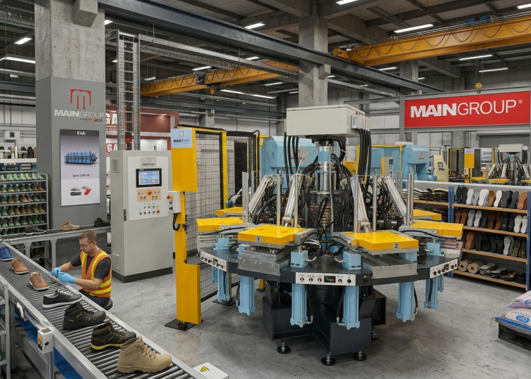 TPU and TPR outsole injection molding machine rotary system in footwear factory