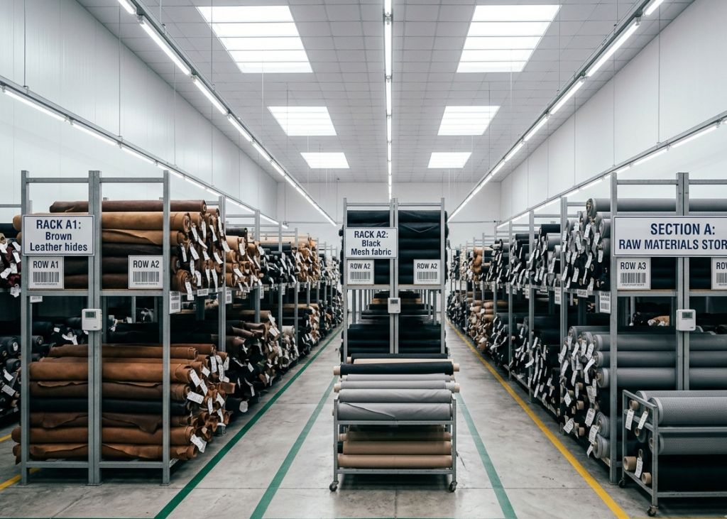 Organized raw material storage in footwear factory