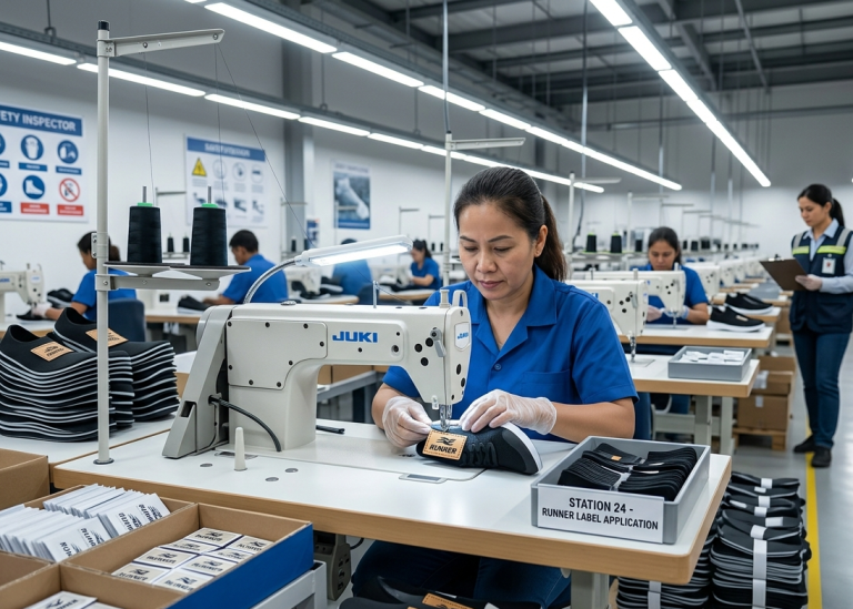 Footwear label stitching in factory environment