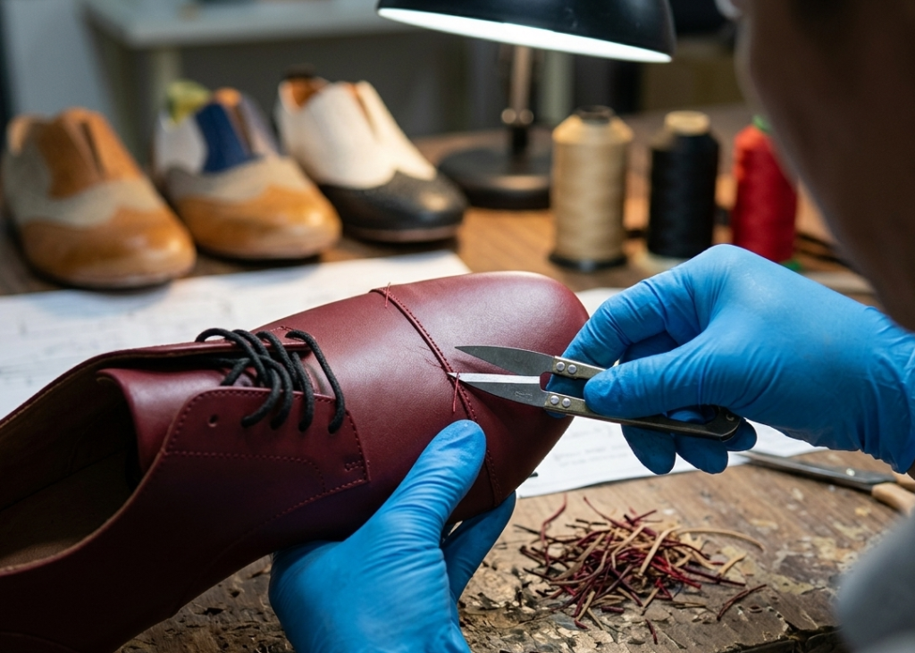 Thread trimming in footwear stitching