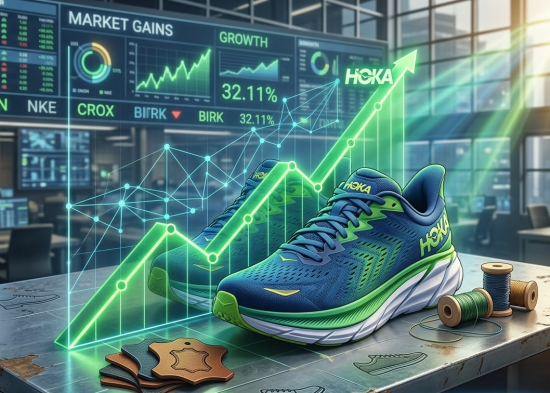 Athletic running shoes on upward stock chart