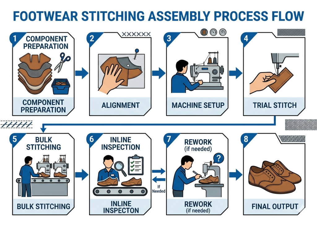 Stitching assembly process flow footwear