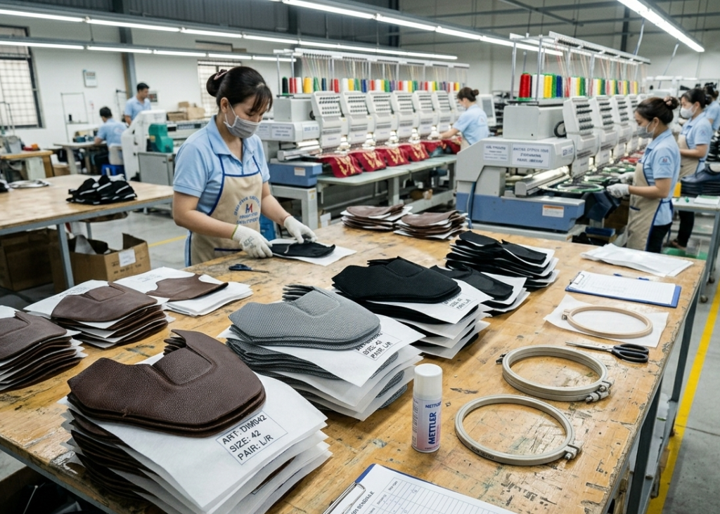 Materials prepared for embroidery in footwear manufacturing