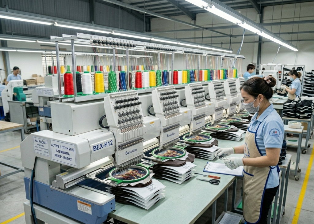 Embroidery machine operation in footwear factory