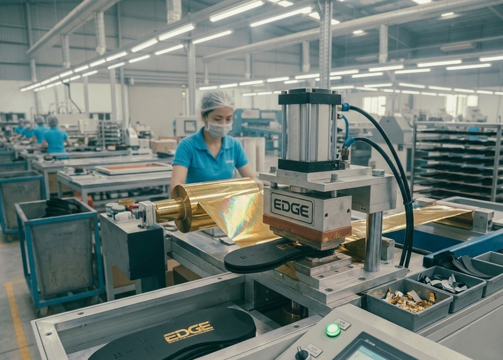 Foil branding on footwear upper