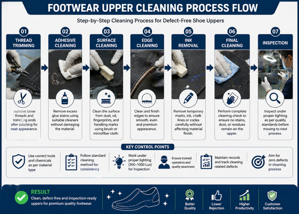 Footwear upper cleaning process flow chart