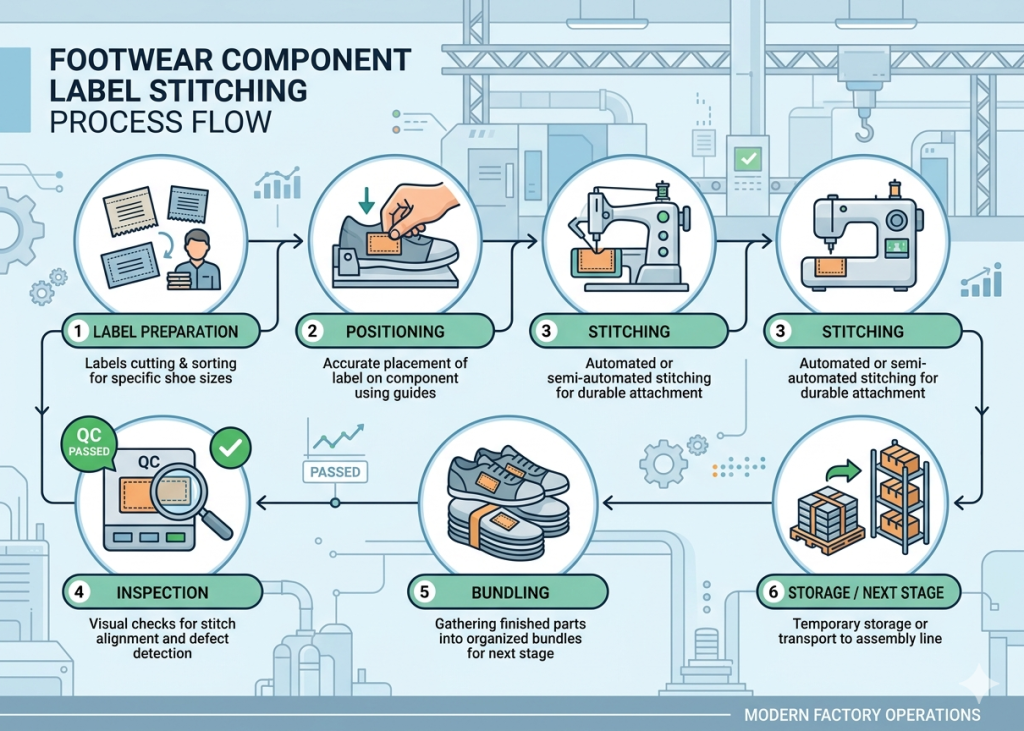 Footwear label stitching process flow diagram