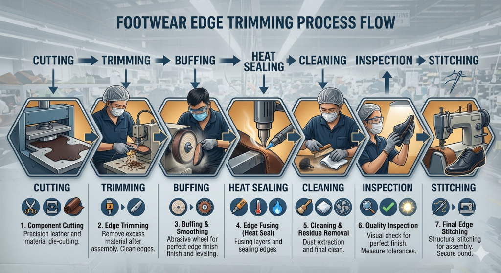 Edge trimming process flow in footwear manufacturing