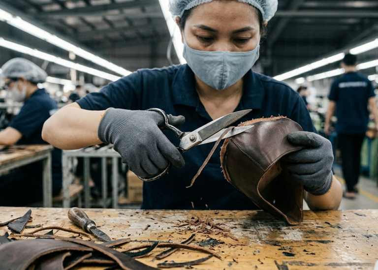 Edge trimming process in footwear factory