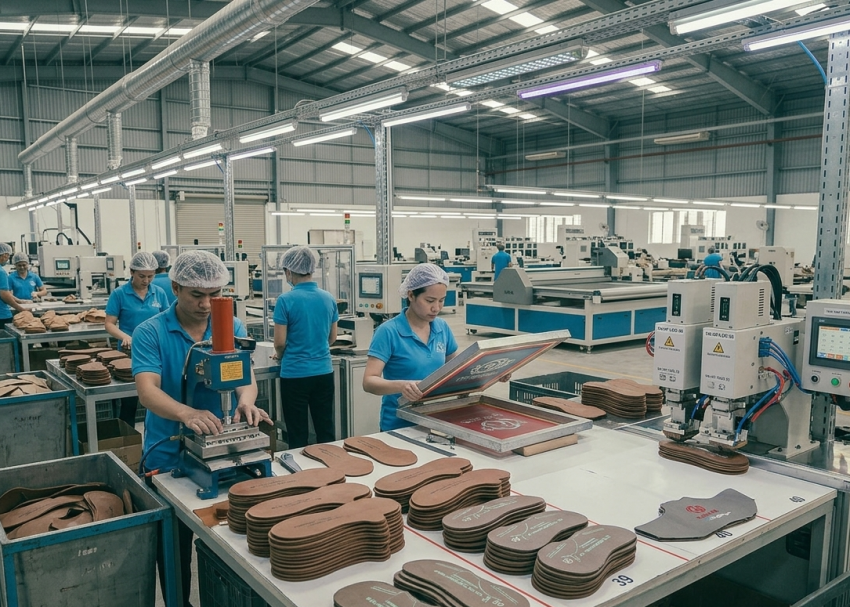 Footwear component branding operations in factory