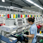 Footwear factory embroidery machines processing upper components