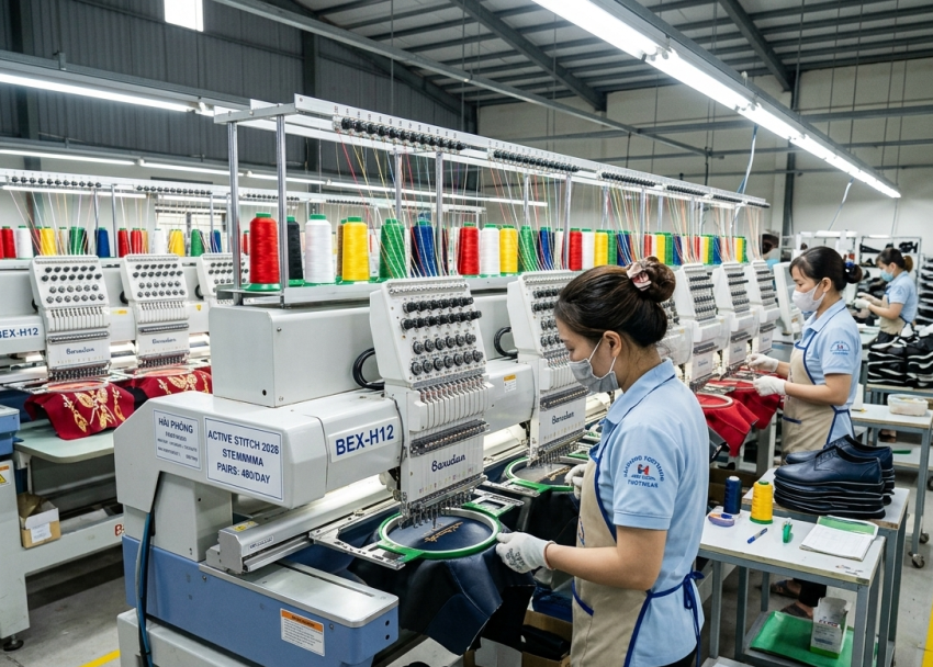 Footwear factory embroidery machines processing upper components