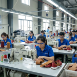 Footwear stitching assembly line in factory