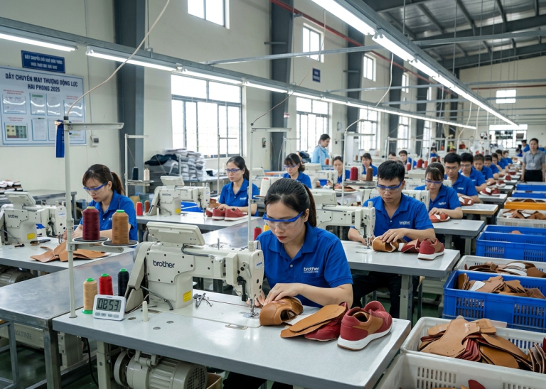 Footwear stitching assembly line in factory