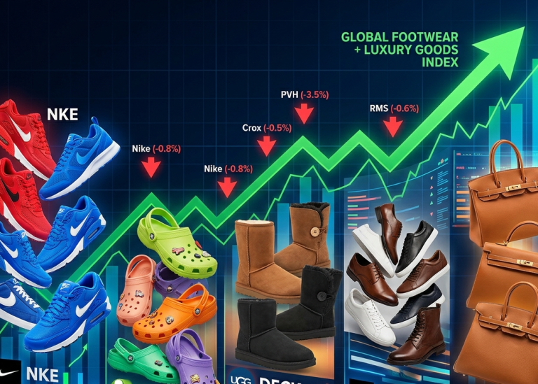 Global footwear and leather stocks weekly performance chart with gainers and losers