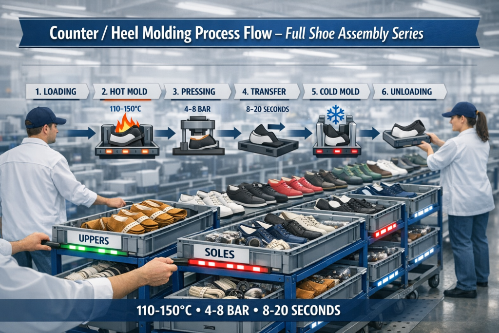 Process flow chart of counter heel molding in shoe manufacturing