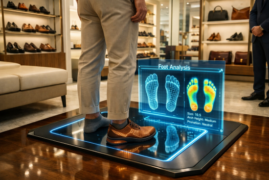 A retail customer utilizing an advanced 3D floor scanner to generate a biometric profile in a premium shoe boutique.