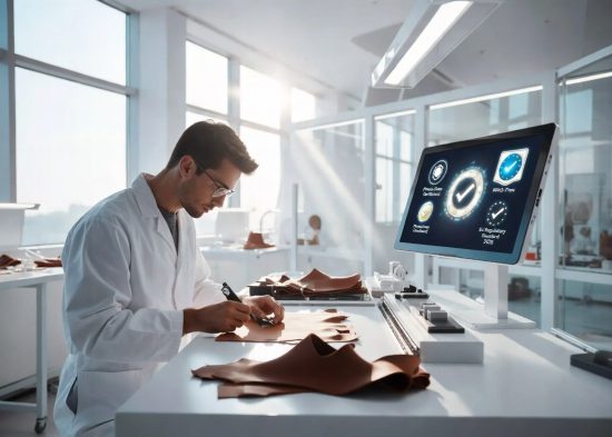 A quality assurance technician testing treated leather materials in a bright laboratory environment with digital compliance certificates visible on a tablet screen.