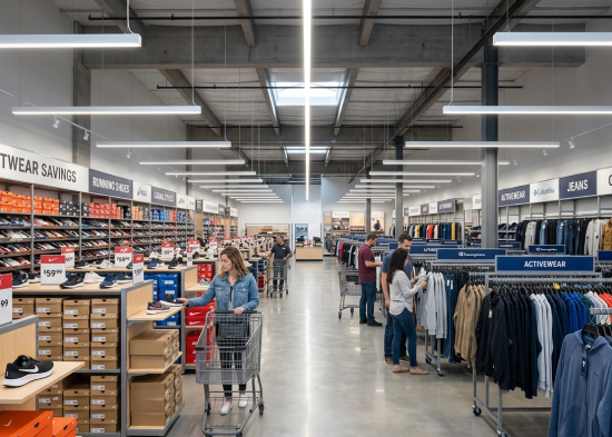 A bright, beautifully structured off-price retail shoe department filled with organized rows of designer products.