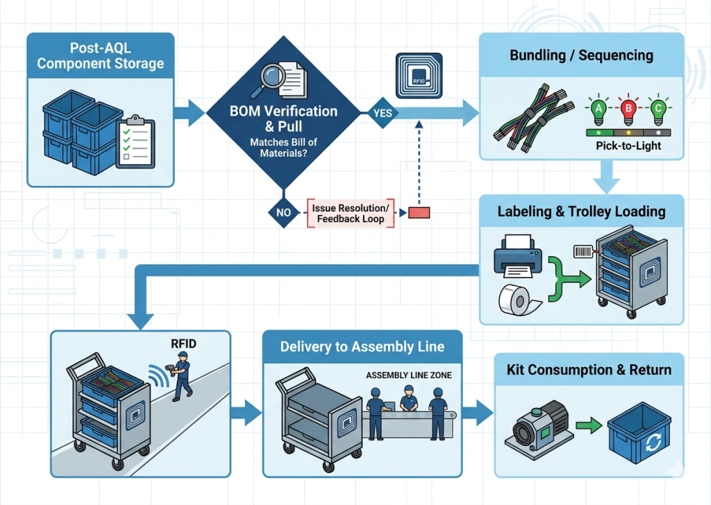 Process flow chart infographic showing kitting workflow in full shoe assembly from post-AQL storage through component pull, bundling, labeling, and delivery to assembly line
