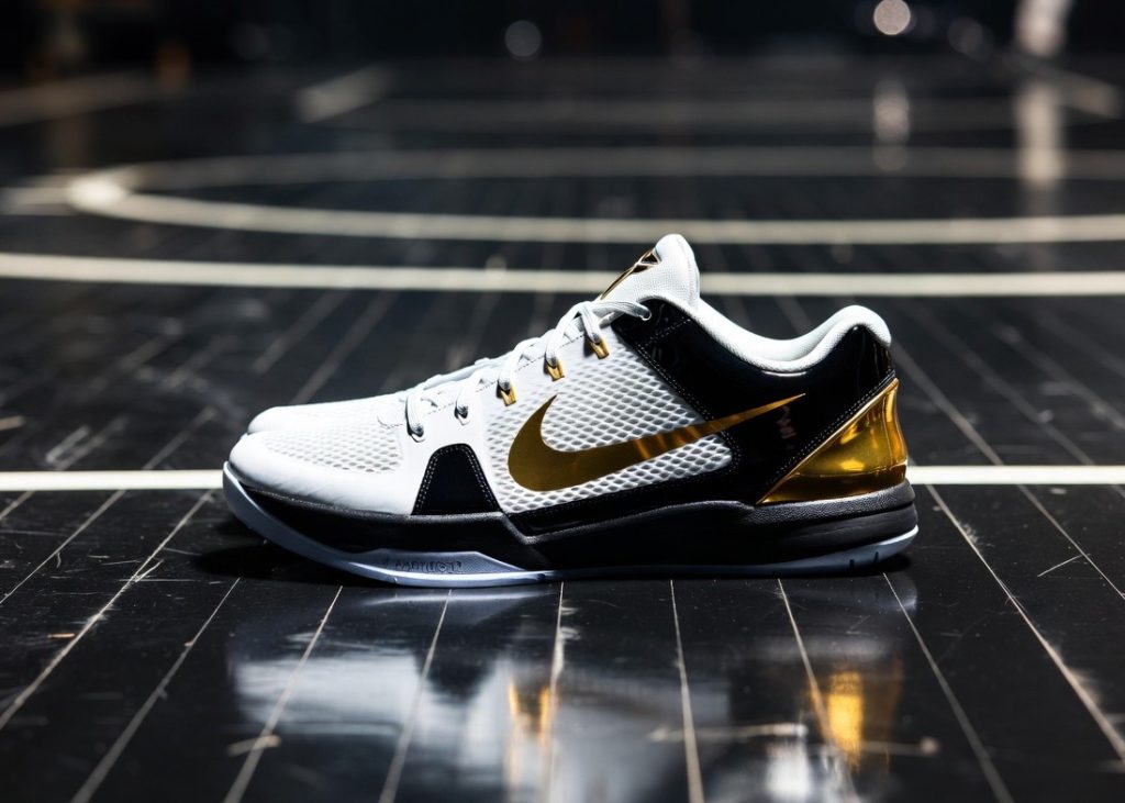 Close-up of Nike Kobe 3 Low Protro Mambacita basketball shoe on a polished court floor.