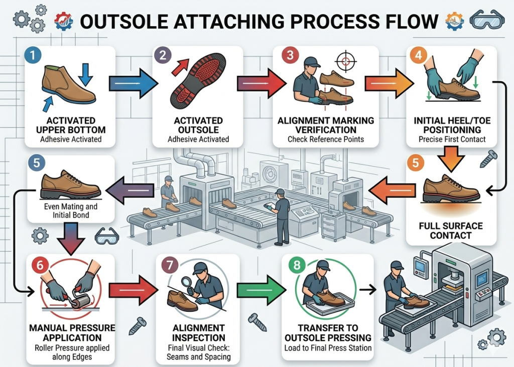 Outsole attaching process flow chart in footwear manufacturing
