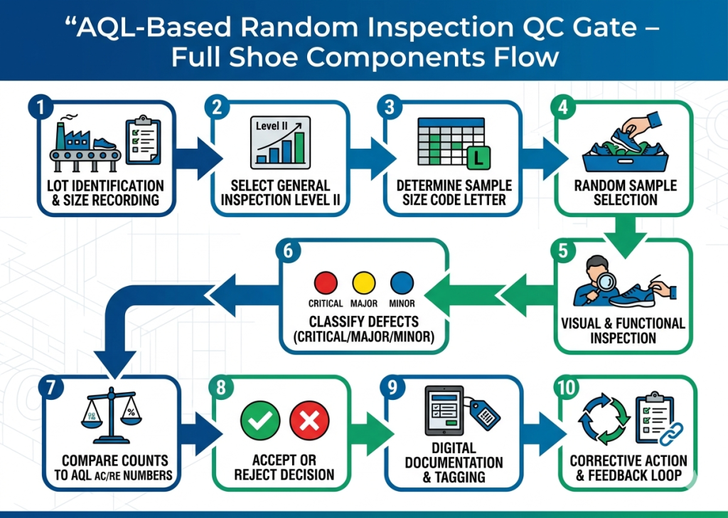 AQL QC gate process flow chart for full shoe components inspection 