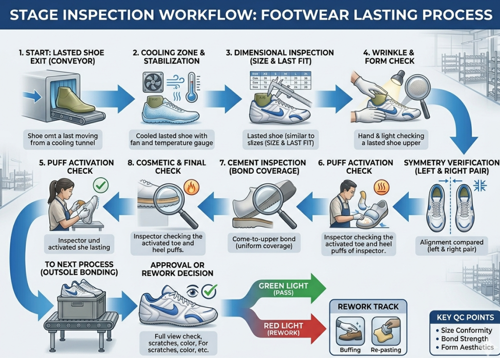 Stage inspection process flow in footwear manufacturing