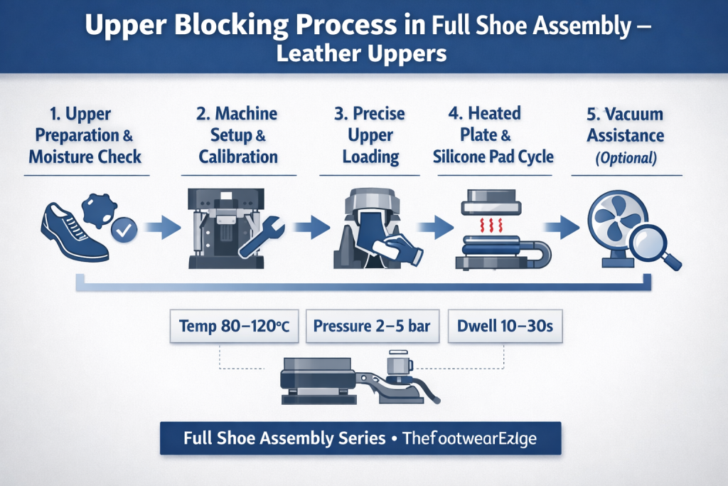 Process flow chart of upper blocking for leather uppers in shoe manufacturing.