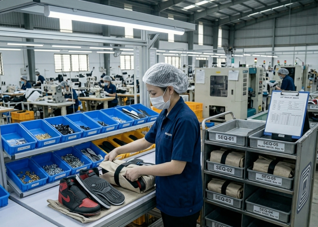 Footwear factory operator performing barcode scan and visual verification of matching left and right shoe uppers, outsoles, and accessories during kitting process in shoe manufacturing