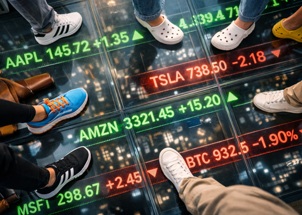 Stock exchange floor displaying footwear company logos.