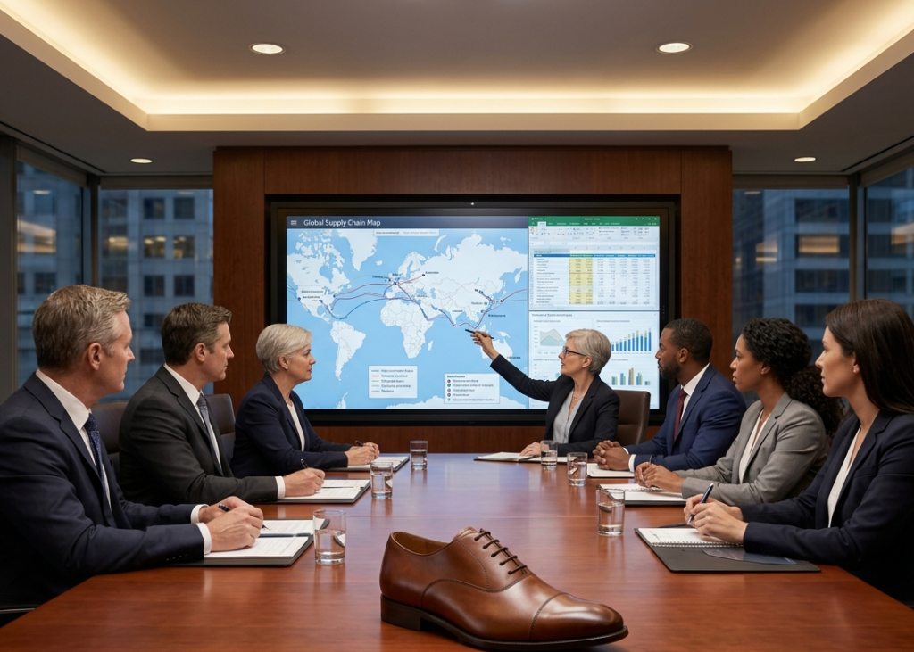 Corporate executives conducting a strategic financial review next to an interactive supply chain projection map.