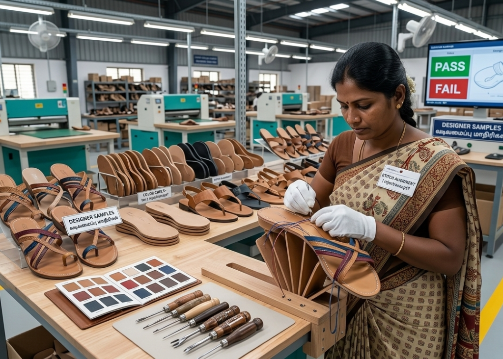 Artisan hand-stitching leather sandals in a workshop.
