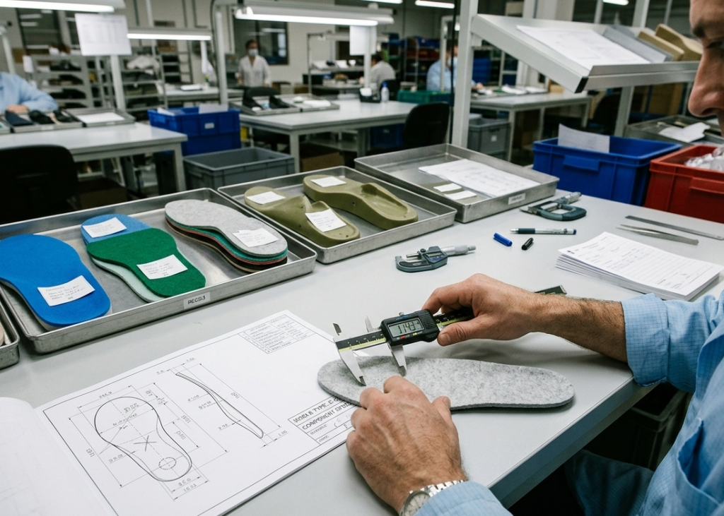 Dimensional measurement of shoe insoles in inbound QC