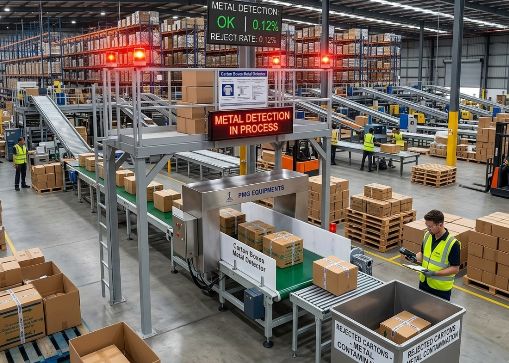 Metal detection station in finished footwear warehouse