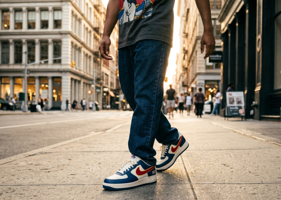 Street style on-foot shot of the NIGO x Nike Air Force 1 Low in sail and loyal blue.
