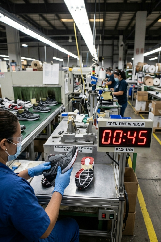Adhesive open time monitoring in footwear factory