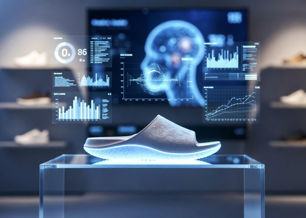 A futuristic exercise slide sandal displayed on a sleek glass pedestal inside a minimalist retail environment with subtle blue background lighting.