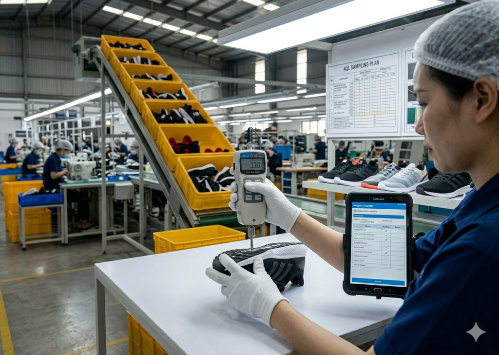 Measuring critical dimensions during AQL inspection of shoe components 