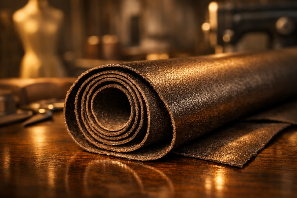 A close-up view of an eco-friendly premium leather alternative material inside a sustainable fashion design studio.