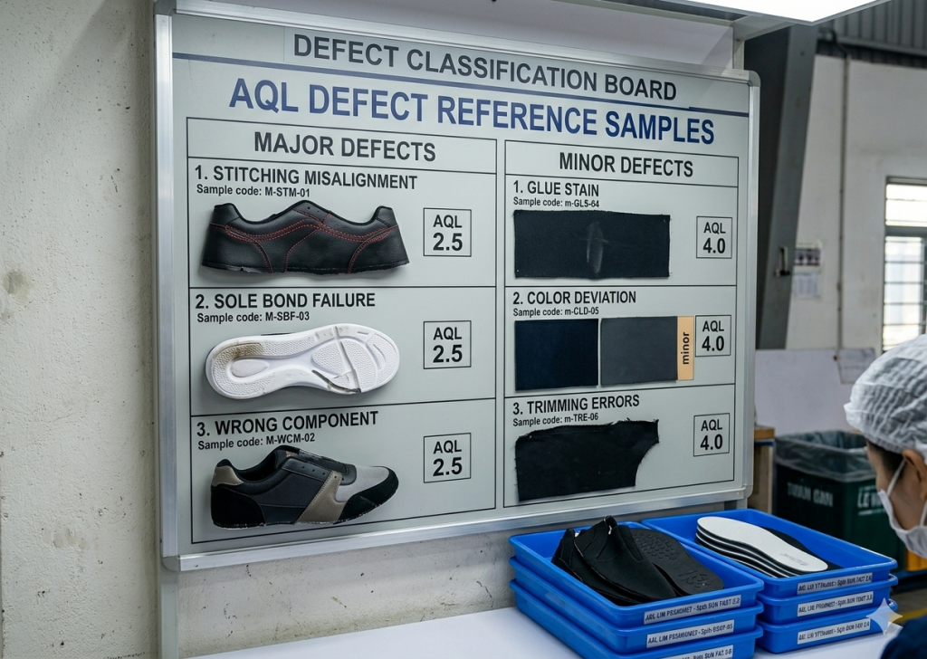 Footwear defect classification reference board used in AQL QC 