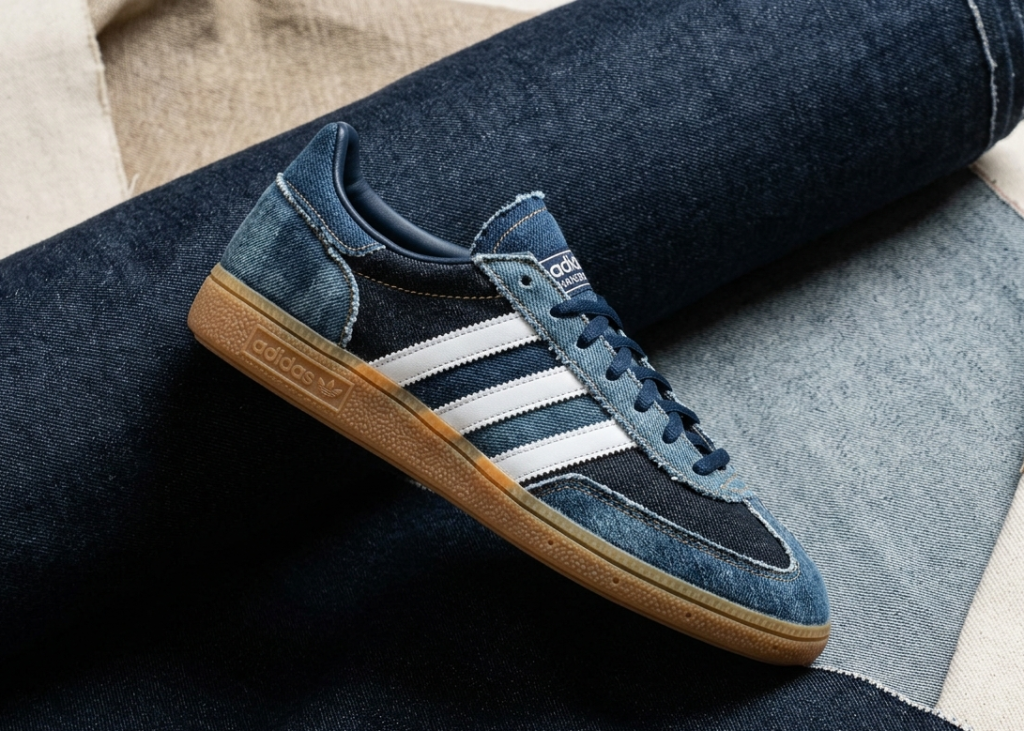 Top-down lifestyle shot of the Adidas Handball Spezial wrapped in premium indigo denim.