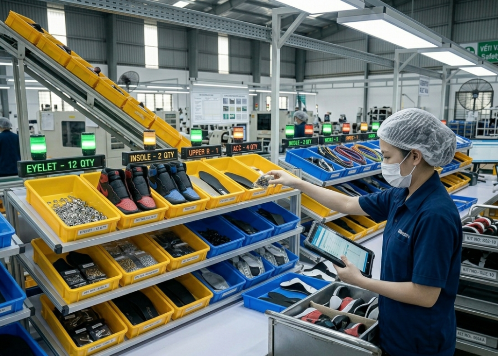 Pick-to-light kitting system in action inside a modern shoe factory with illuminated component bins and operator assembling precise shoe kits using digital guidance and RFID verification