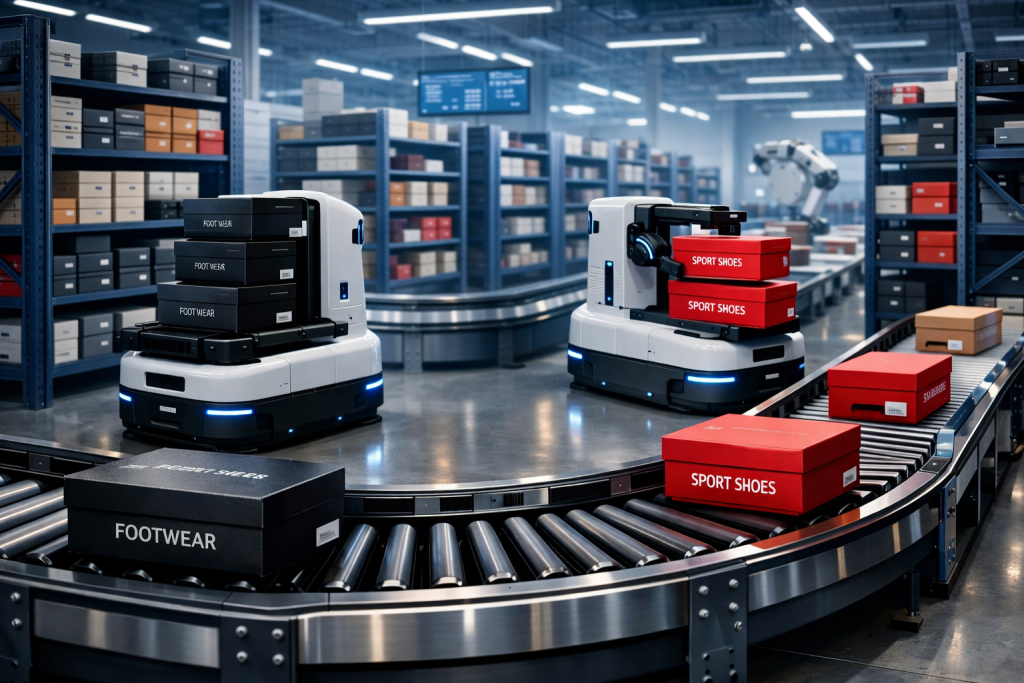 An automated retail fulfillment warehouse utilizing advanced logistics technology to sort footwear inventory boxes.