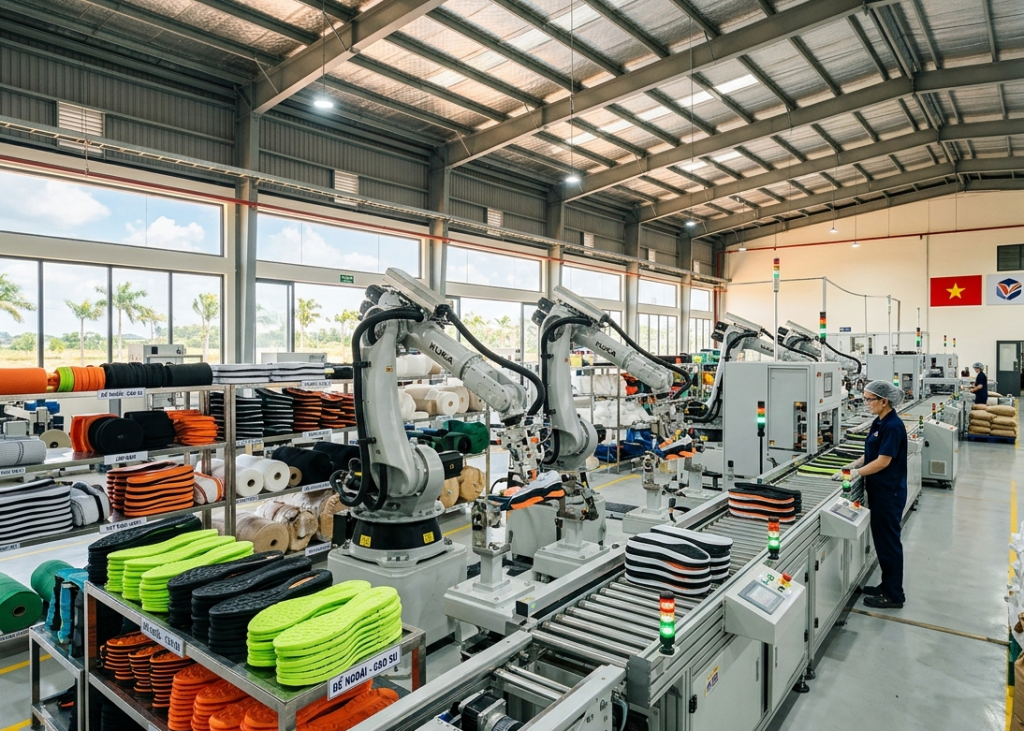 An advanced automated shoe production assembly line operating within a modern industrial manufacturing facility.