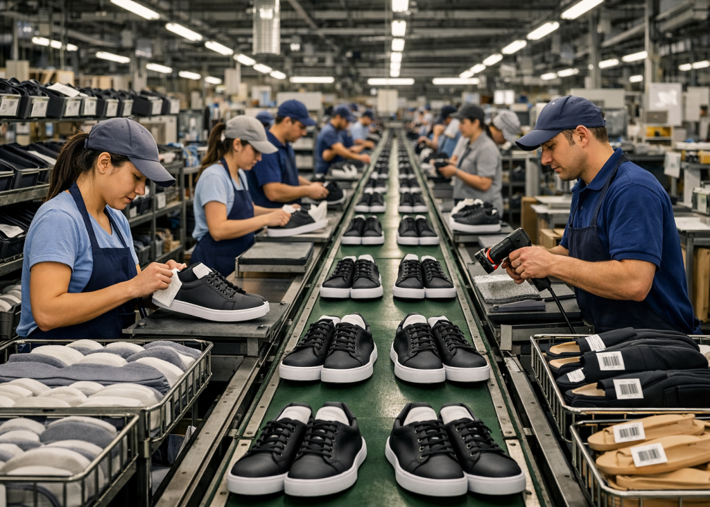 Conveyor feeding system in footwear manufacturing