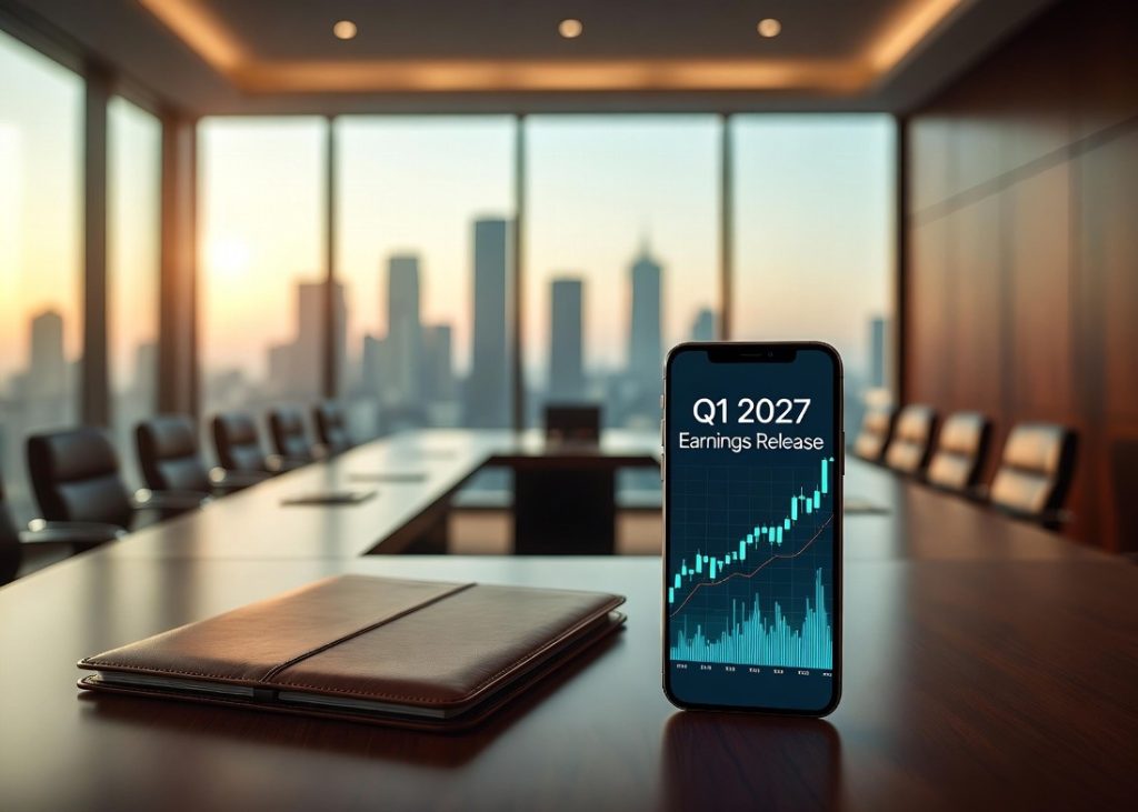 A corporate boardroom setting featuring a leather document portfolio and a smartphone displaying a clean quarterly earnings financial chart.