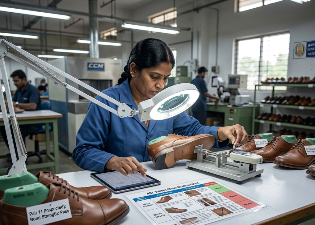 Final AQL quality audit for assembled footwear